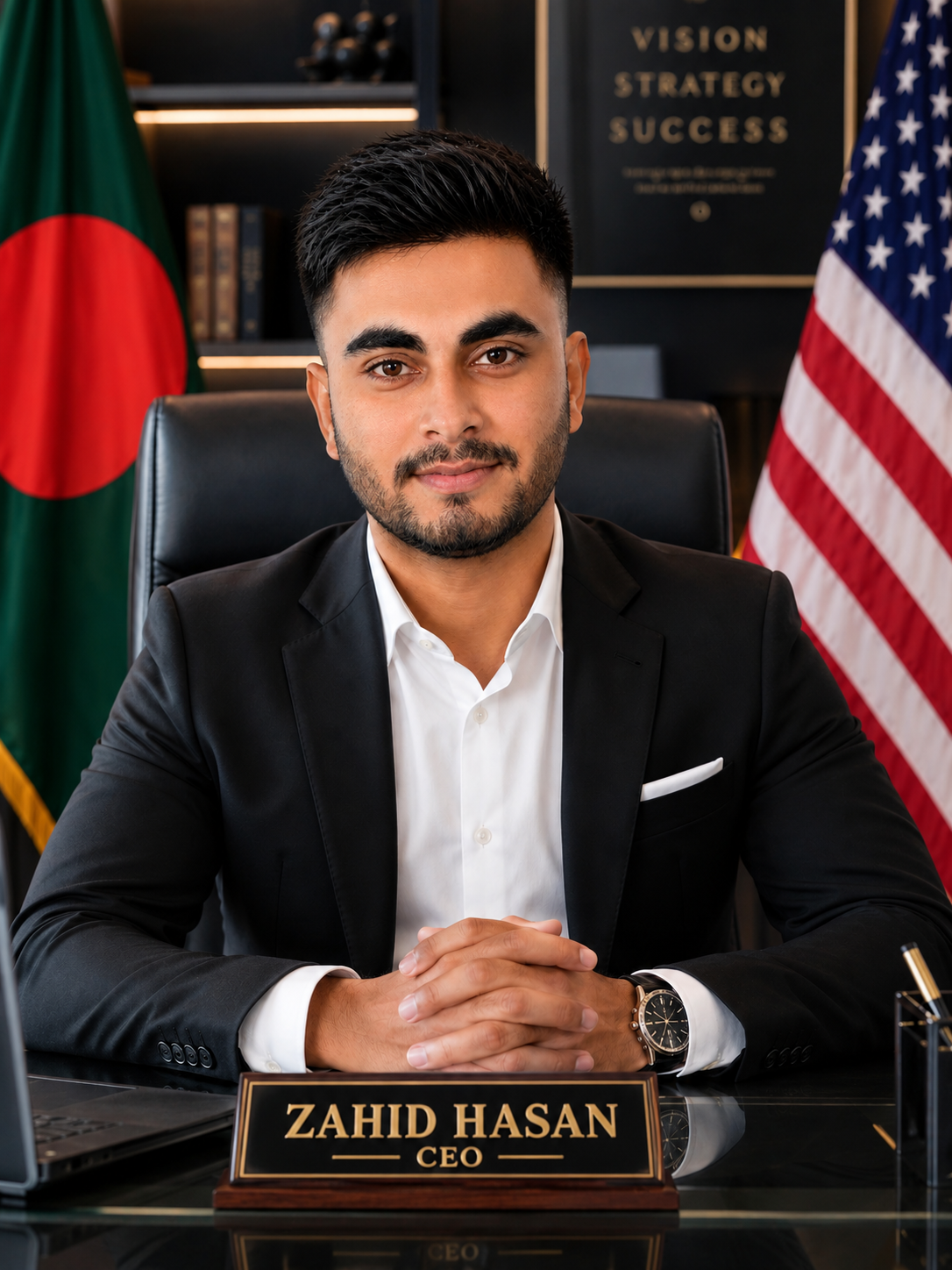 Zahid Hasan, CEO of ZHK 360 Advertising Agency, seated at his desk
